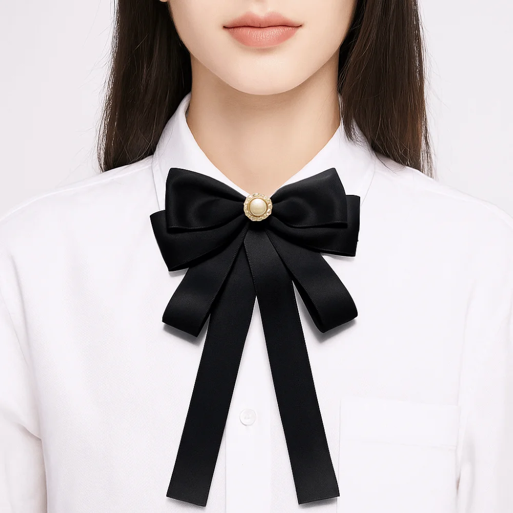 Sweet Rhinestones Black Ribbon Pin Beads Multi-layer Funerals Memorial Pin Pearl Love Heart Black Bow Necktie Men
