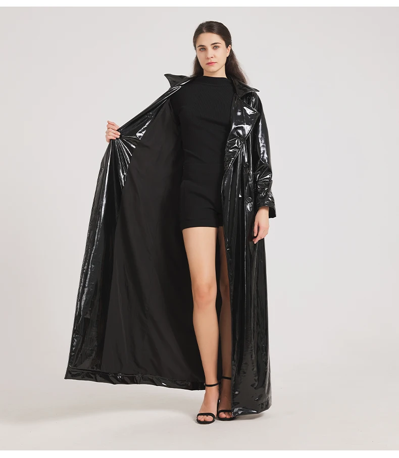 Lautaro Spring Autumn Black Shiny Reflective Soft Patent Leather Trench Coat for Women Luxury Designer Floor Length Clothes 2024