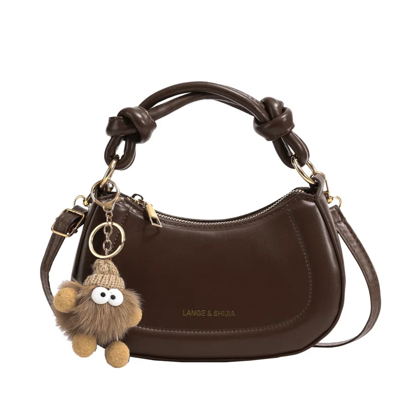 New Women\'s Fashion Handbags Brown Retro PU Leather Shoulder Bag Doll Decorative Korean Trend Casual Female Underarm Handbags