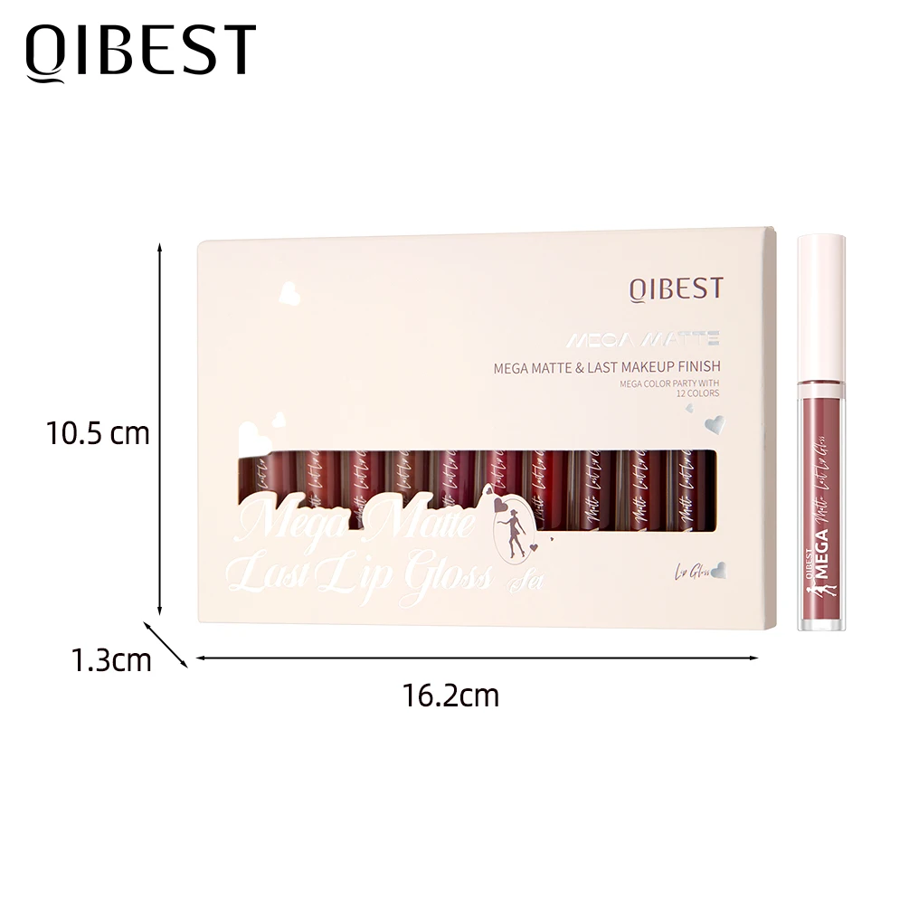 QIBEST 12色マットリップグロスメイクアップキット防水長持ちリキッドリップスティックヌードパープルリップマッドコスメティックセットリップグレイズティント