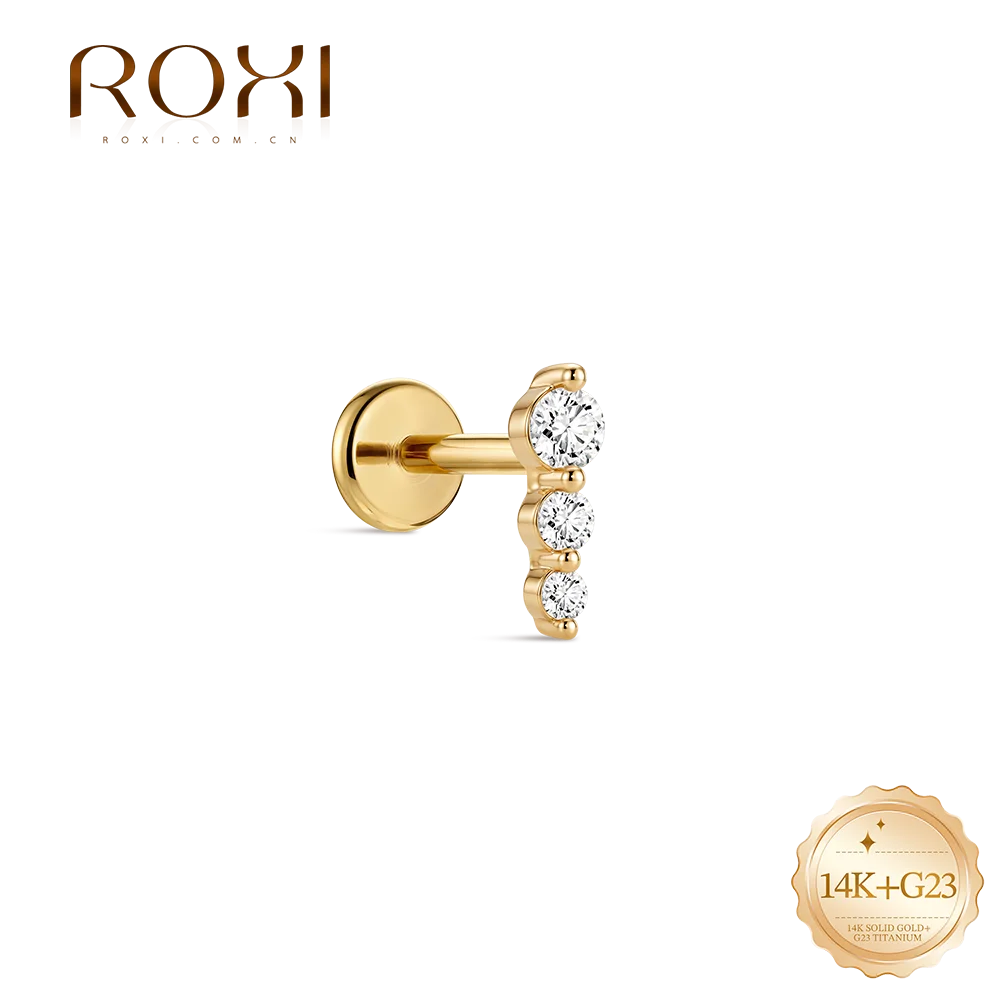 ROXI 1PC 14K Solid Gold Classic Minimalist Row CZ Piercing Cartilage Stud Daily Party Wedding Ear Jewelry