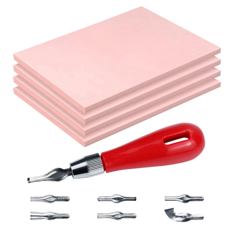 4Pcs Rubber Block Stamp With Cutter Tools For Printmaking, Printing And Stamp Soft Rubber Crafts