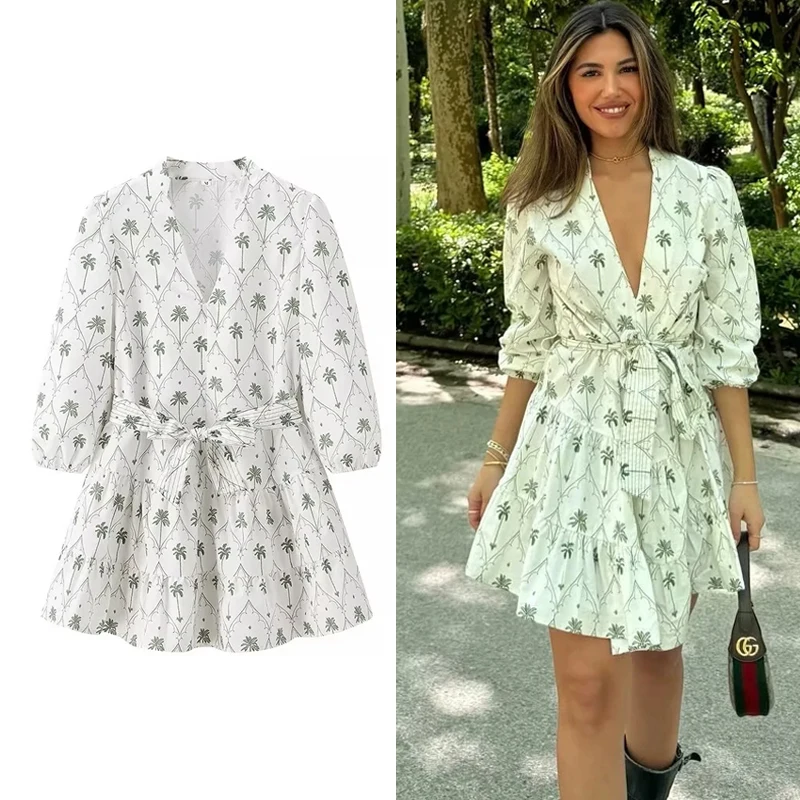 TRAF Print Short Dresses For Women Belt Puff Sleeve Mini Dress Woman Casual Elegant Dresses Pleated Ruffle Summer Dresses