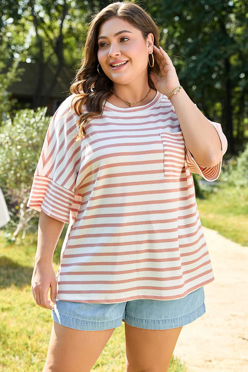 

2025 Summer New Large Size Knitted Tops For Women European And American Casual Style Printed With Pockets Short Sleeve T-shirts