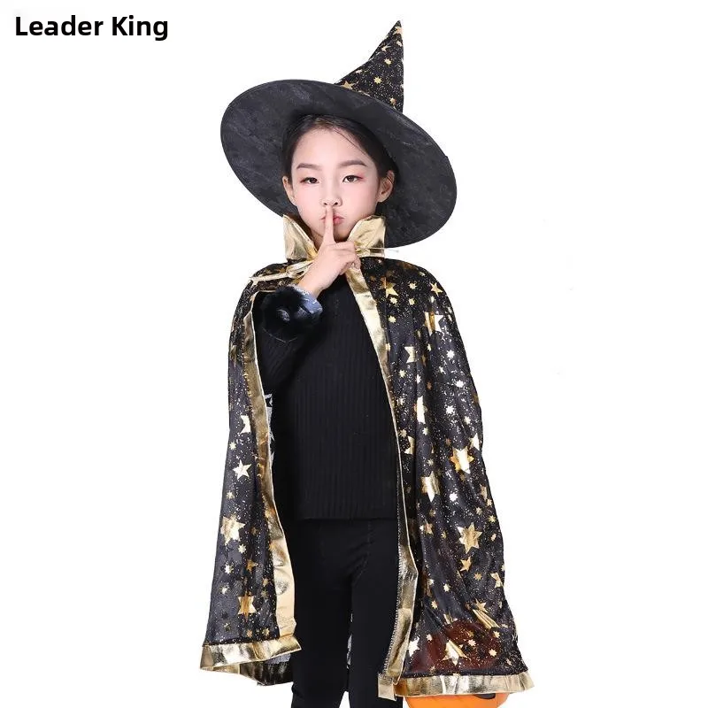 Halloween Heks Tovenaarsgewaad Kinder Vijfsterren Gold-pred Fluwelen Mantel Stage Performance Kostuum Polyestervezel 00%