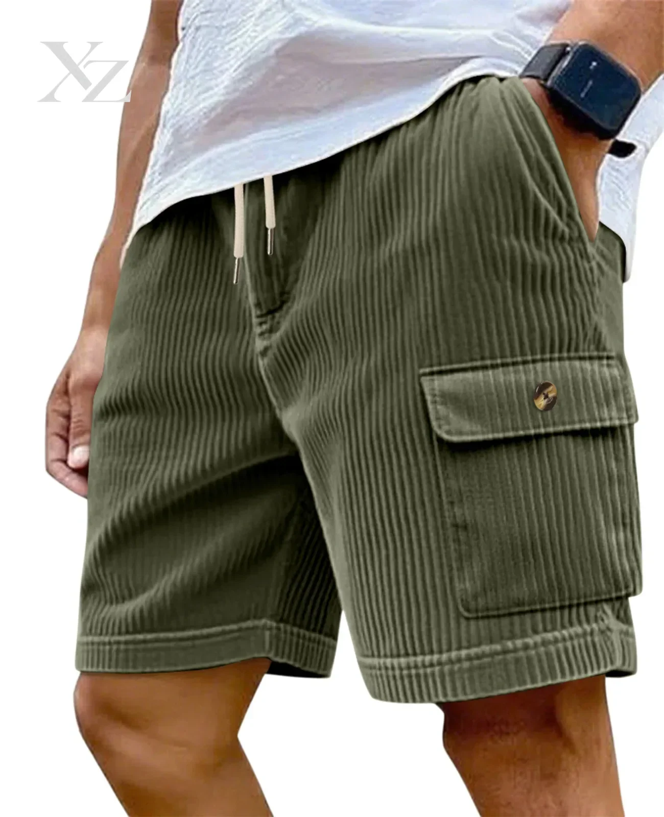 Men's Corduroy Cargo Shorts Multi-Pocket Drawstring Elastic Waist Loose Fit Summer Casual Outdoor Solid 5 Inch