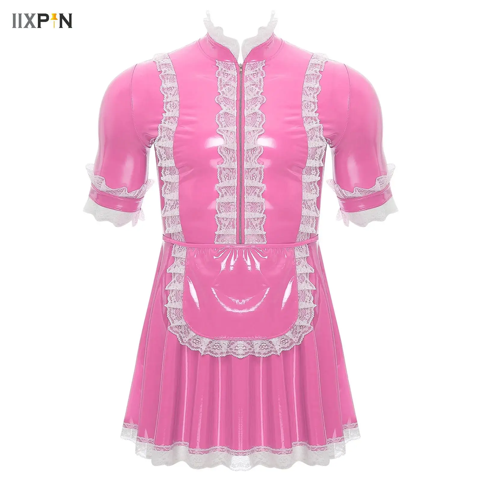 

Mens Sissy Maid Servant Uniform PVC Leather Lace Trim Crossdress Dress with Apron Halloween Anime Cosplay Costume Party Clubwear