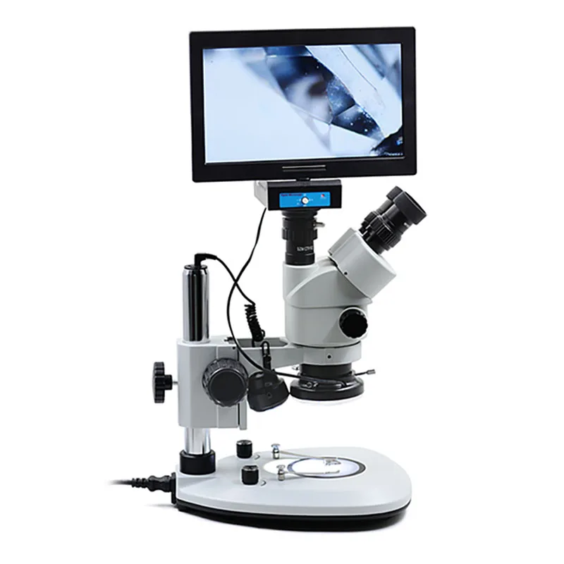 Trinocular Microscope with 7-45X Zoom Ratio, Dual Lights, High-Pixel Ca mera, and Monitor