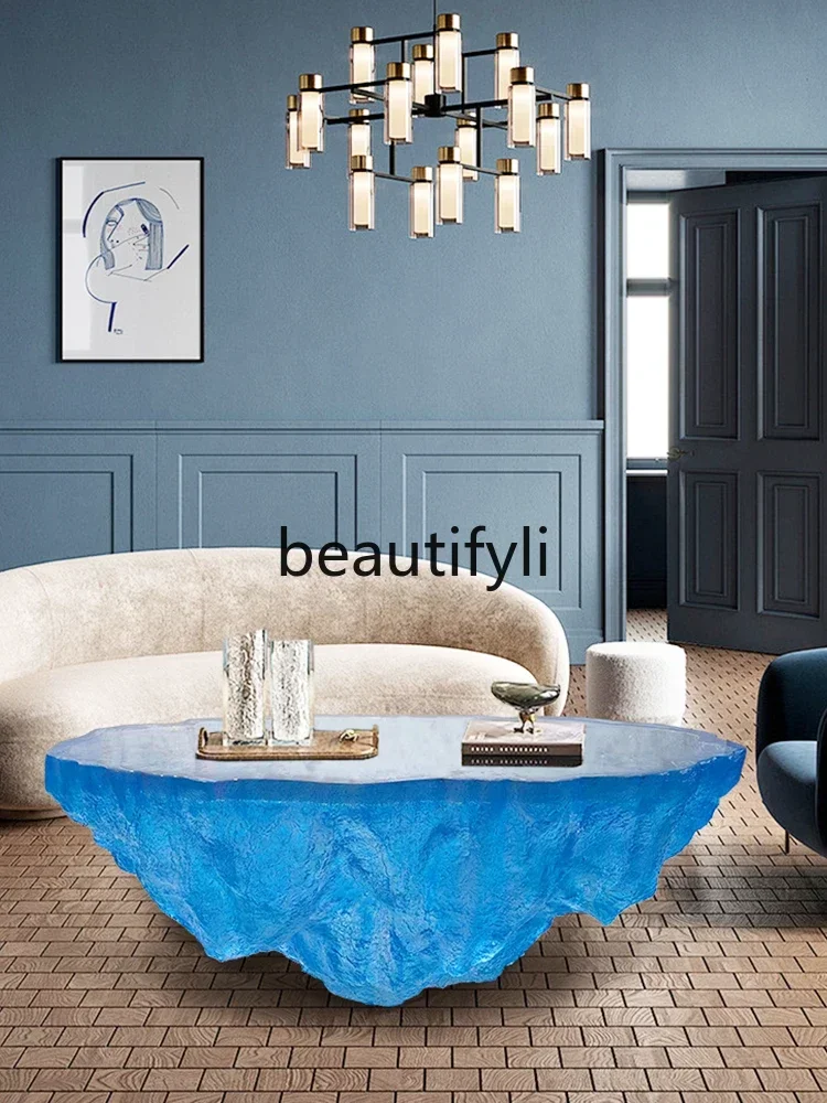 

SS Epoxy resin blue coffee table hotel living room art high-end designer transparent round table