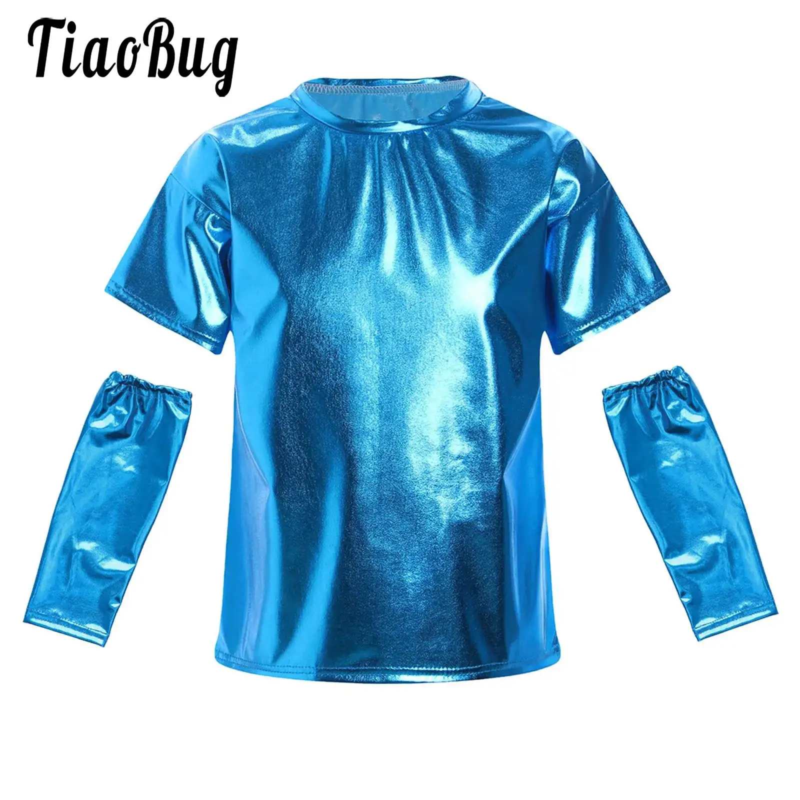 

Girls Boys Dance Choir Stage Performance Shirts Tops Set Metallic Shiny Short Sleeve Round Neck T-shirt with Gloves Dancewear