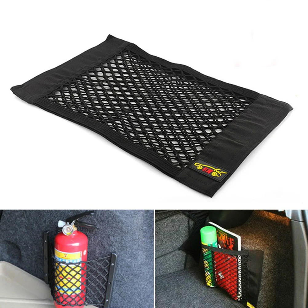 

mtsooning Car Back Rear Trunk Seat Storage Bag Auto Organizer Double-layer Elastic Mesh Storage Bag Magic Sticker Pocket Bag