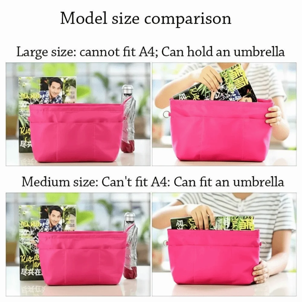 Cosmetic Organizer Insert Bag Storage Bags with Zipper Multi-Pocket Handbag Solid Color Multifunctional Inner Bag
