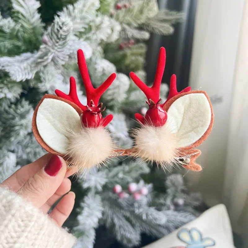 2Pcs Cute Christmas Hairpin Girls Cartoon Christmas Deer Ear Hairpin Hair Accessories Kids Christmas Headwear Ornaments