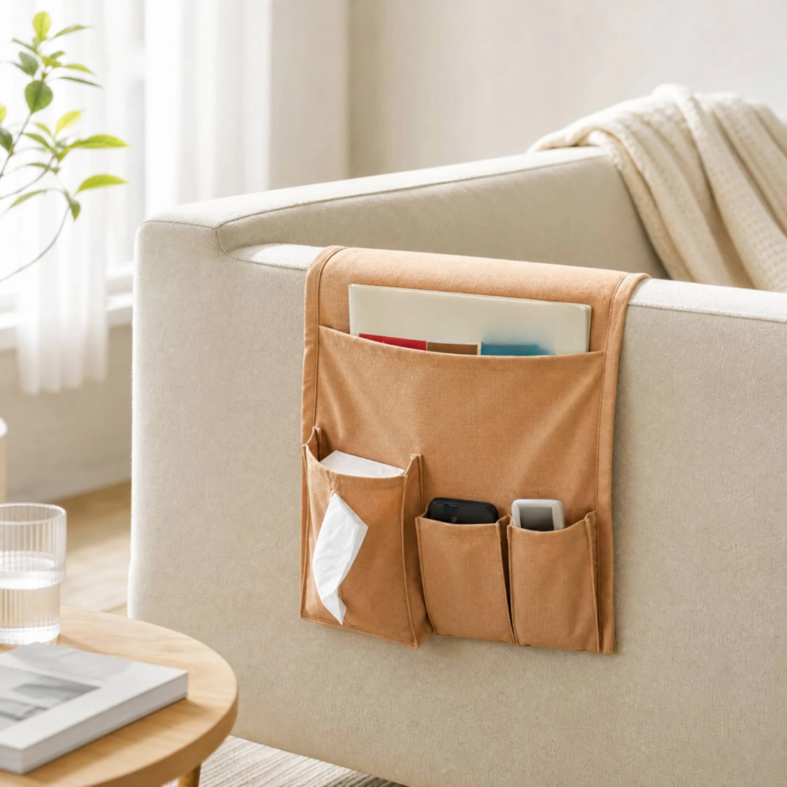 Sofa-Side Hanging Organizer Large Capacity Canvas Sofa Holder with Pockets over-Edge Hanging Pocket Organizer No-Installation