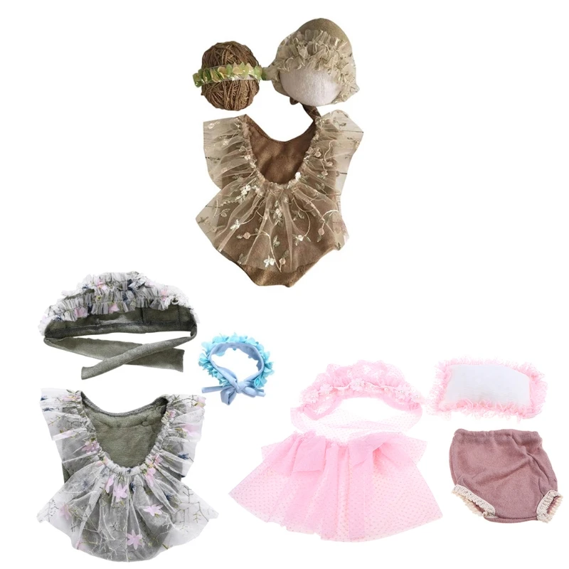 4Pcs Newborn Photography Props Suit Lace Romper Hat Pillow Headband Set Knit Outfits Clothing Infants  Photo Gifts