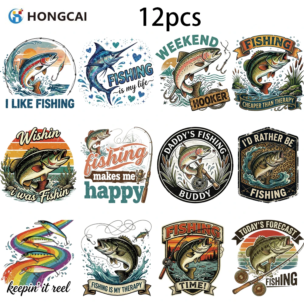 12 bass fishing heat transfers with splash print, mesh base breathable, for yoga & stress relief tees