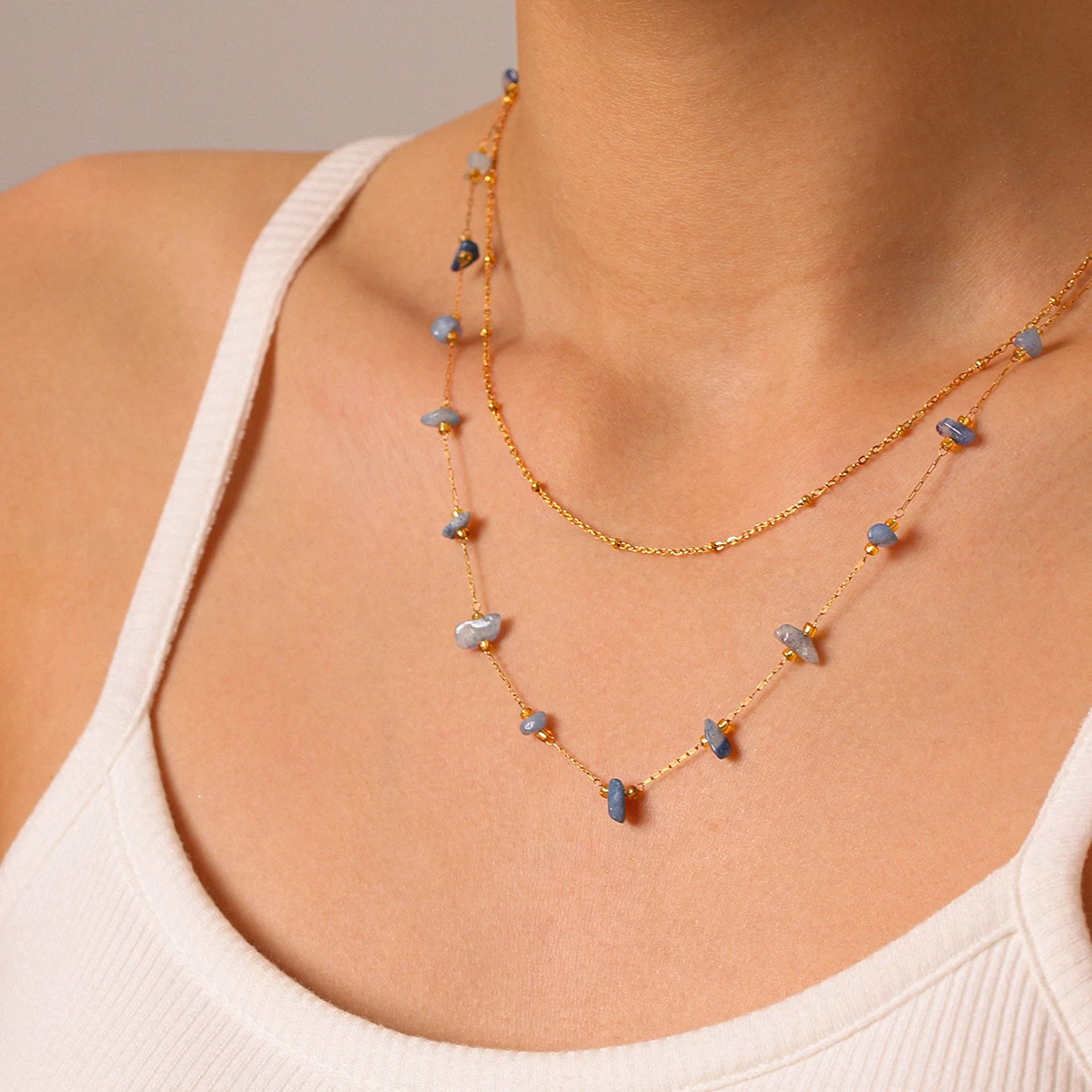 

Lapis Lazuli Necklace 18K Gold Plated Stainless Steel Double Layer For Women Tarnish Resistant Anniversary Gift Jewelry