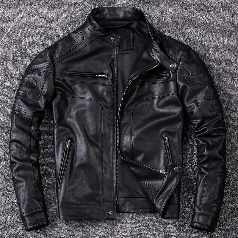 Men's Vegetable Tanned Sheepskin Jacket Motorcycle Biker Jackets Slim Short Stand Collar Genuine Leather Clothes Coat