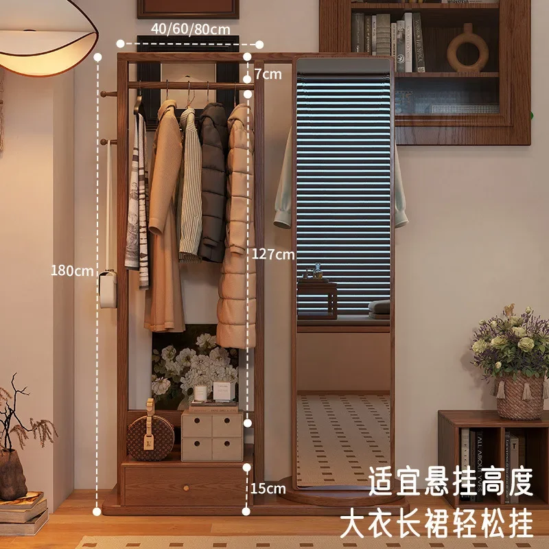 Solid wood coat rack floor-to-ceiling bedroom home living room full-body mirror clothes rack hanging hanger full-length mirror