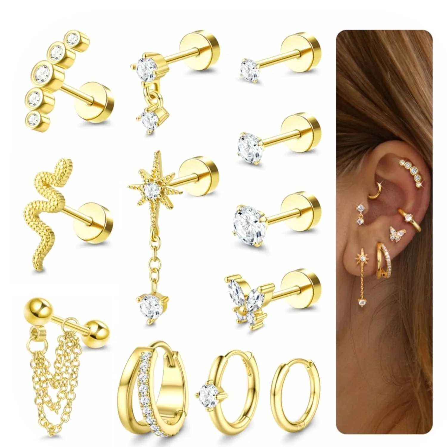 Bobisty 20G Knorpel-Ohrringe für Frauen Chirurgischer Edelstahl Ohrstecker Creolen Set Helix Piercing Schmuck Einzeln