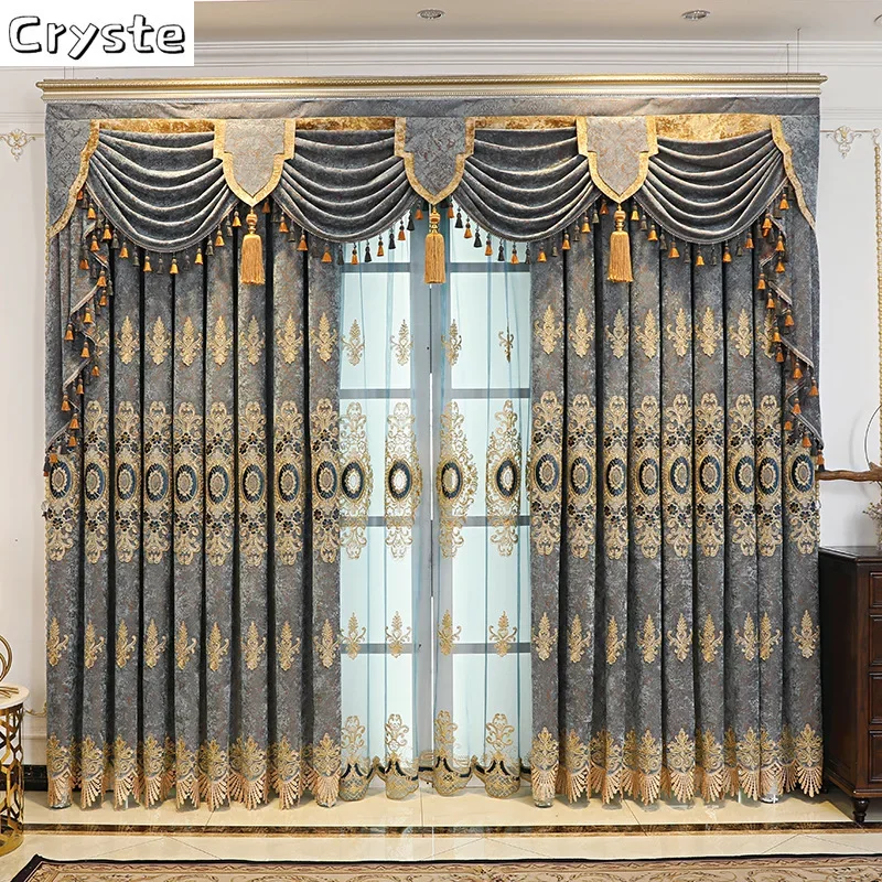 

Роскошные европейские шторы для гостиной, спальни, вышитые синель, синий свет, затемняющие напольные шторы для виллы