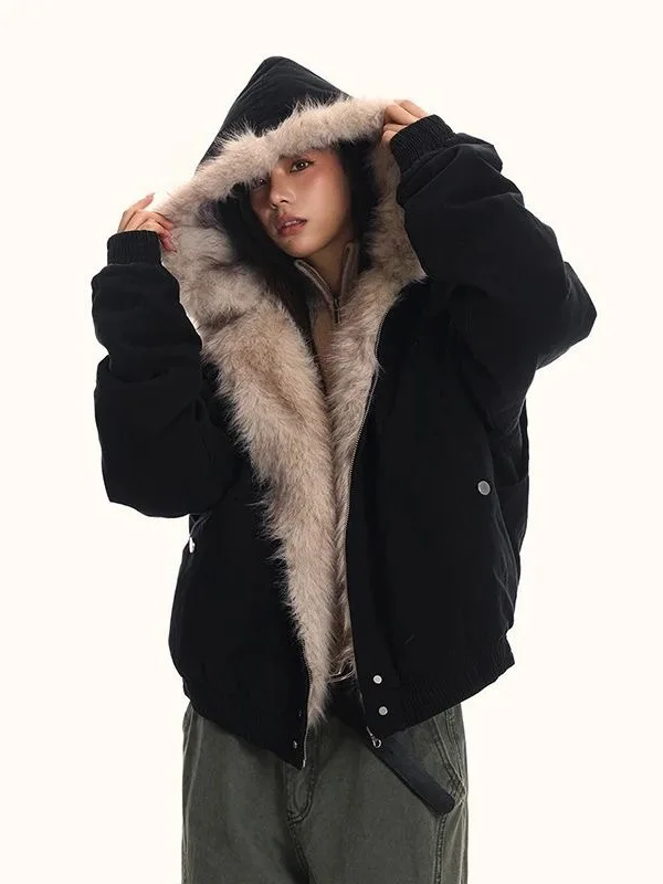 

Thiened Fce Collar Cotton Jaet for Couples American Sle Winter Parka Coat Warm Casual Faion Polyester Fiber