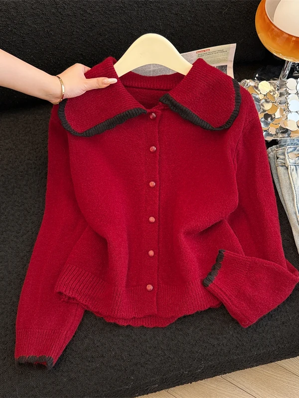 

New Year Red Sweet High-End Color Blo Knitted Sweater Coat Women's Autumn Winter New Sle Fragile Doll Collar Knitwear