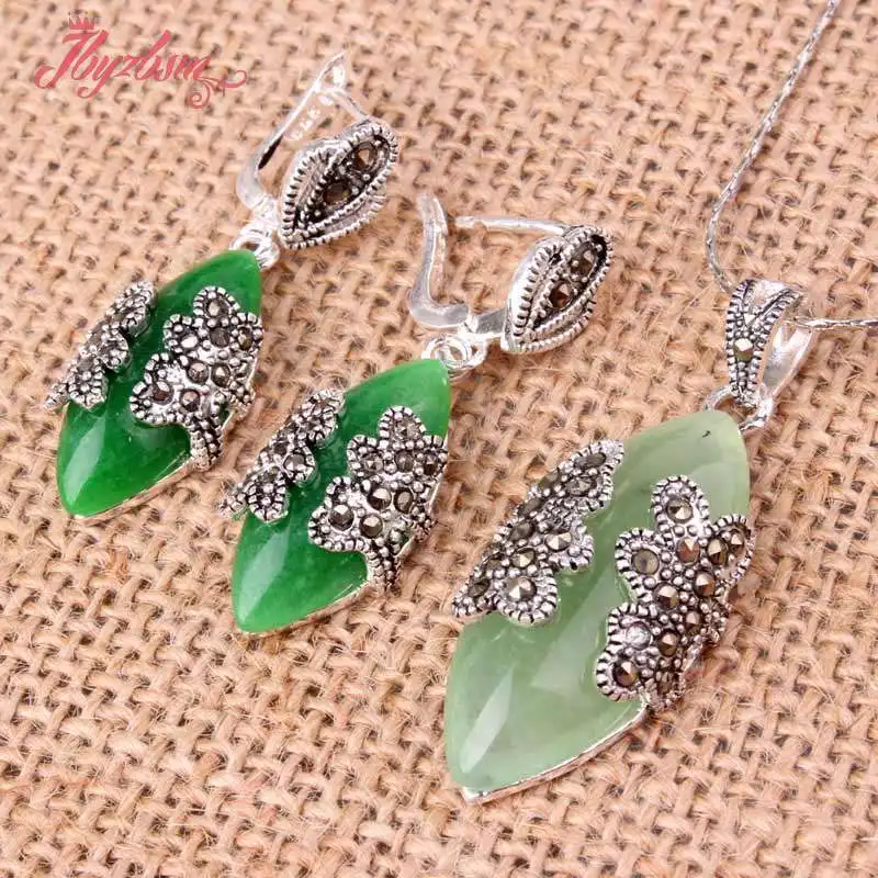 

Marquise Coarl Aventurine Cat Eye Inlaid Marcastie Tibetan Silver Fashion Jewelry Set Exquisite Pendant/14x30mm Earrings/10x22mm