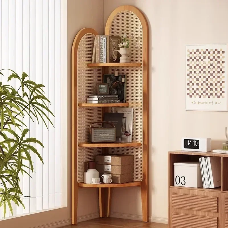 Chinese Retro Rattan Corner Decoration Shelf, Living Room Sofa Wall Edge Book Cabinet, Bedroom Solid Wood Triple Crutch Screen