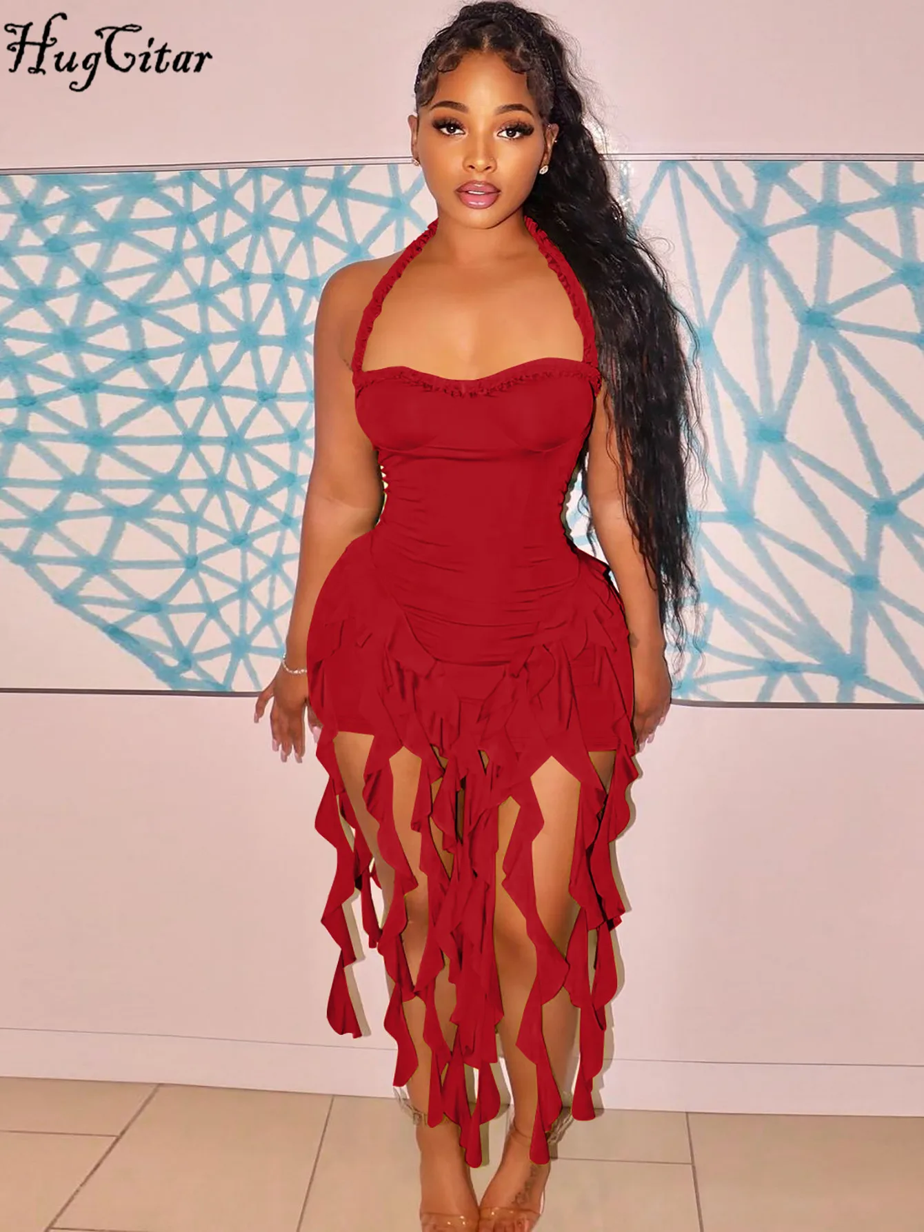 Hugcitar élégant licou solide volants dos nu Taseel Sexy mince Mini robe printemps femmes tenues mignonnes fête d'anniversaire vacances