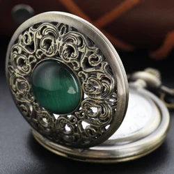 Antique Steampunk  Hollow Green Crystal Emerald Imitation Stone Quartz Pocket Watch Necklace Woman Fob Watch TD2130