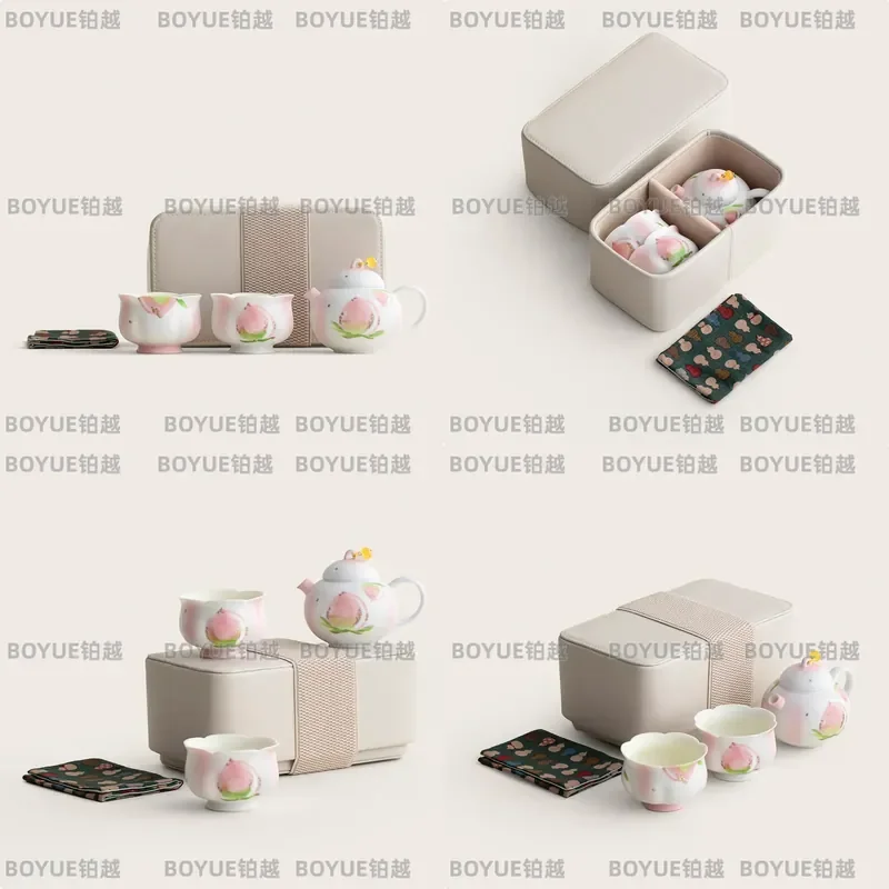 for Hand-painted Pink Peach Portable Tea Set with Leather Bag One Pot Two Cups Self-filtering Travel Tea Set