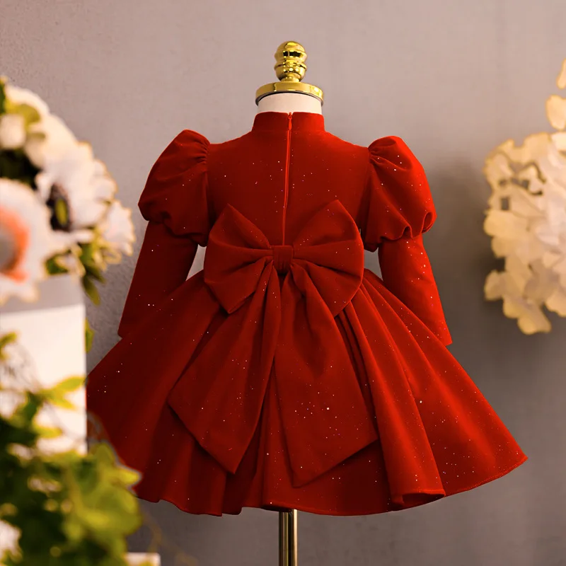 New Girls Elegant Evening Princess Ball Gown Children Fashion Beaded Bow Design Long Sleeve Birthday Wedding Dress y1409
