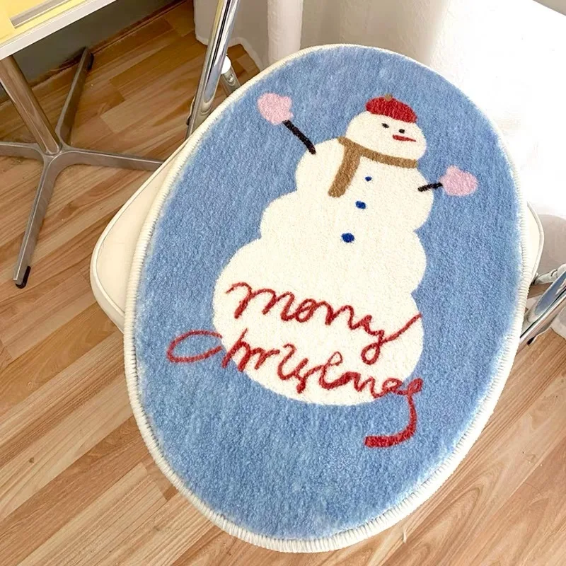 

Bedroom Rugs Oval Christmas Festival Cute Snowman Non-Slip Bathroom Absorbent Kids Floor Mats Home Decoration Fluffy Carpet
