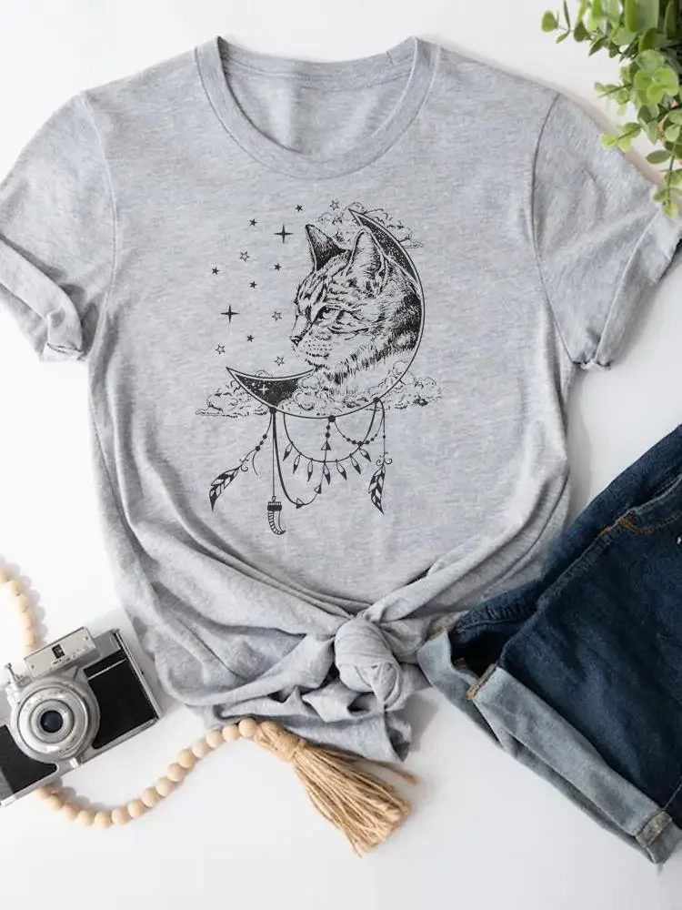 Moon Cat Lovely 90s Short Sleeve T-shirts Women Cartoon Shirt Clothing Fashion Summer Female Print T Top Graphic Tee