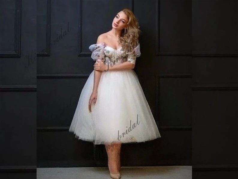 Elopement Teelange Brautkleider für den Empfang, kurzes Korsett-Hochzeitskleid mit Glockenärmeln, Midikleid, schlichtes kurzes Hochzeitskleid