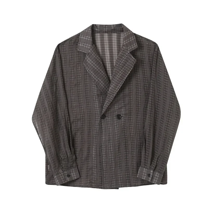 Mens Trendy Personality Pleated Lapel Shirt Spring and Summer New Solid Color Translucent Jacket Thin Section Abstinence Top Men