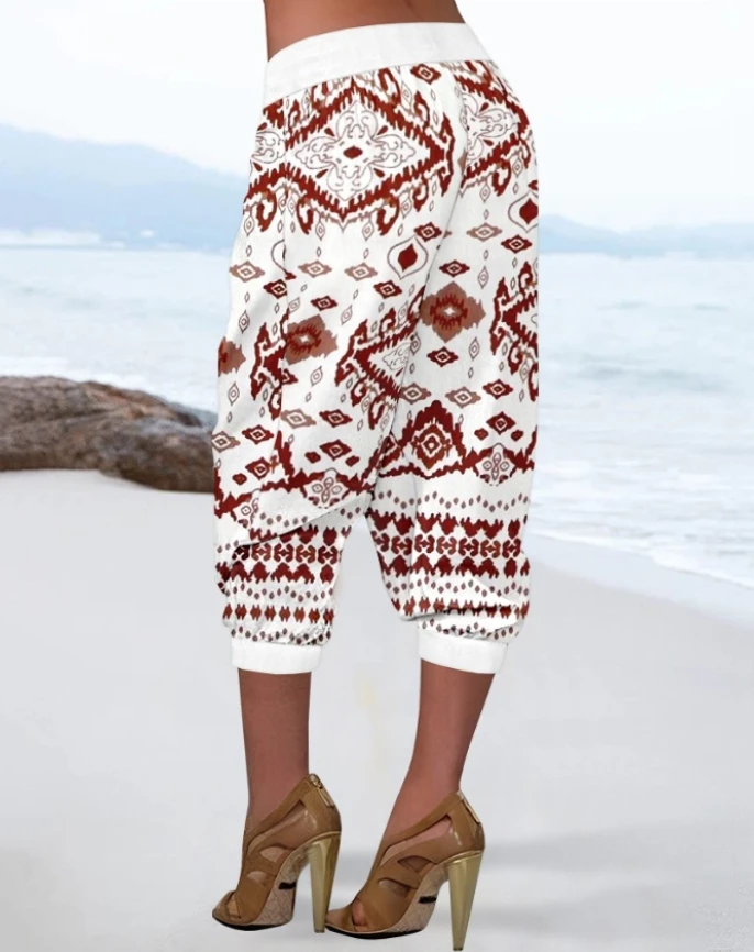 Tribal Print Low Waist Button Decor Capris Pants Vacation Pants with Pocket