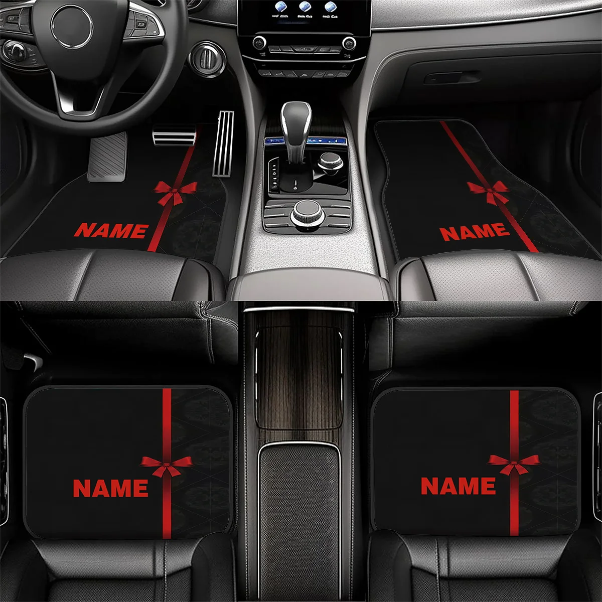 Set Of Four Customizable Car Floor Mats That Can Have Your Name Printed On Them, Showcasing A Unique Red Striped Bow Pattern. An
