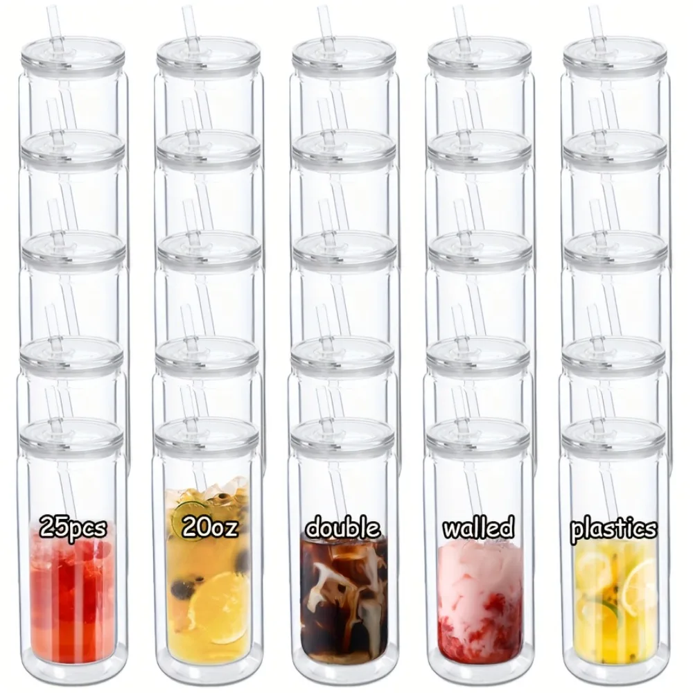 

25-Pack Double Wall Clear Plastic Cups - 20oz Leak-Proof Travel Cups with Straws | Ideal for Parties, BBQs, Home Use