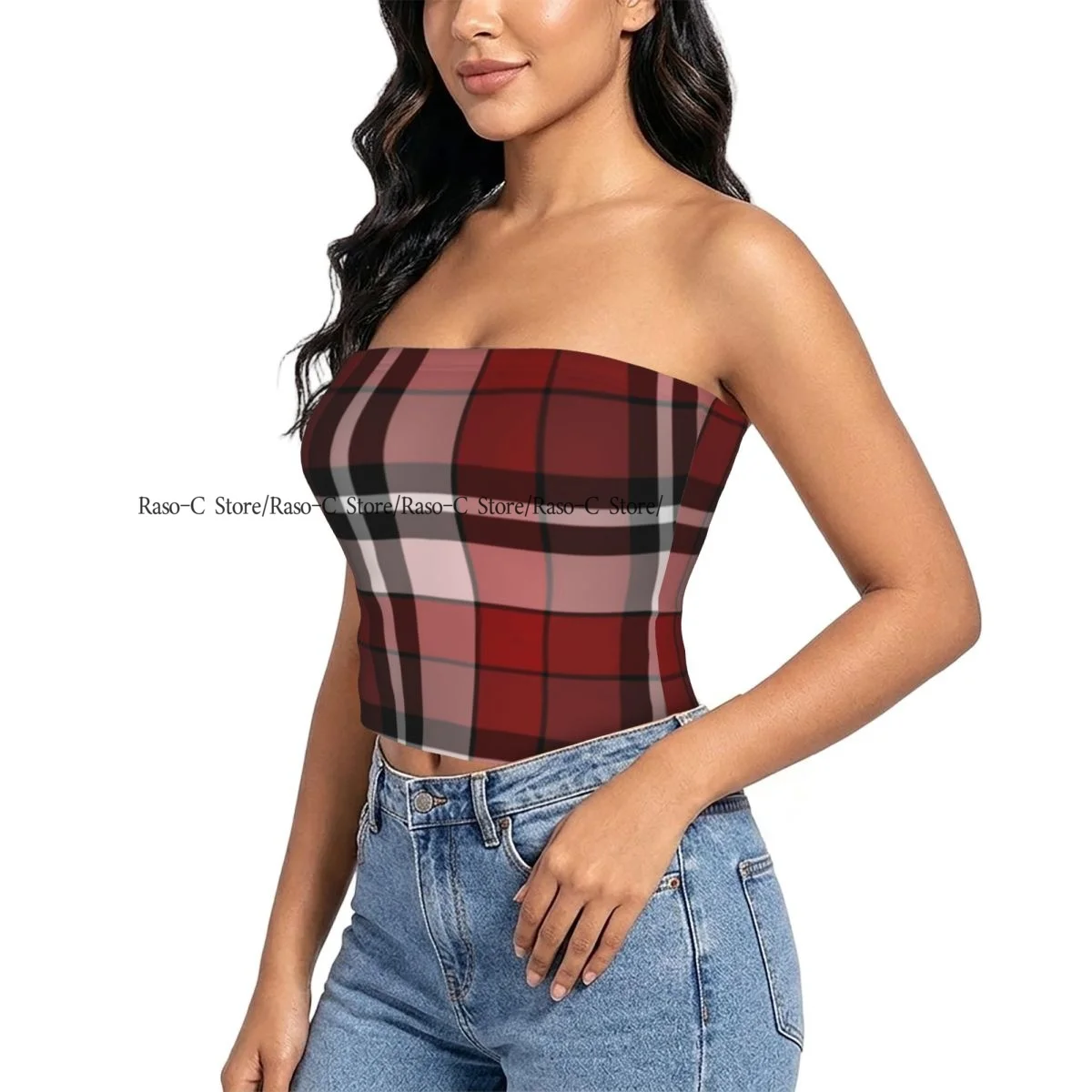 Women's strapless halter top Striped Tartan Plaid Checkered Background summer sexy short-sleeved top