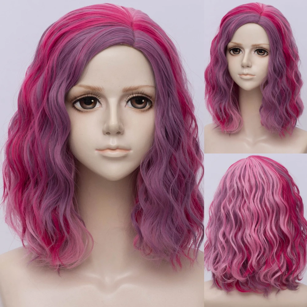 VICWIG Short Curly Synthetic Hair Cosplay Wig Pink Blue Green Gradient Ladies Wig Heat-resistant Rose Net