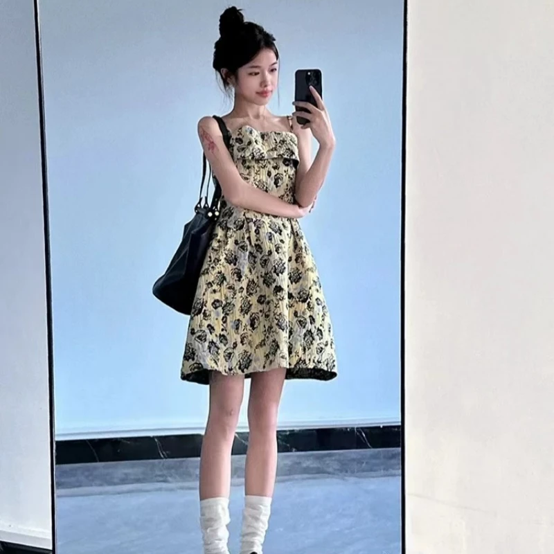 

French Style Floral Print - High Waist Spaghetti Strap Dress For Women Coigarsam