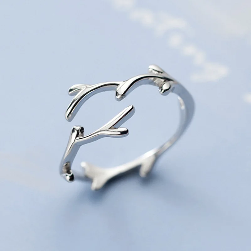 

New Simple Fashion Antler 925 Sterling Silver Jewelry Personality Branch Popular Leaf Opening Rings R039