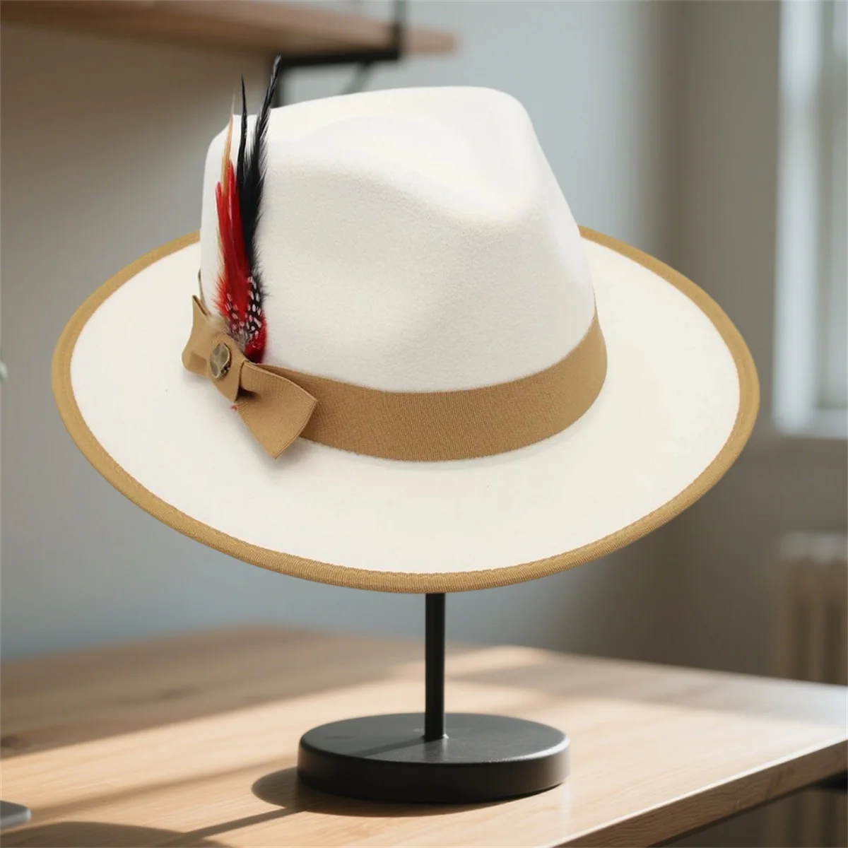 قبعة فيدورا من الصوف الكلاسيكي للنساء والرجال مع شريط ريش عتيق بحافة واسعة وقبعة جاز بنما بتصميم كلاسيكي أنيق #1