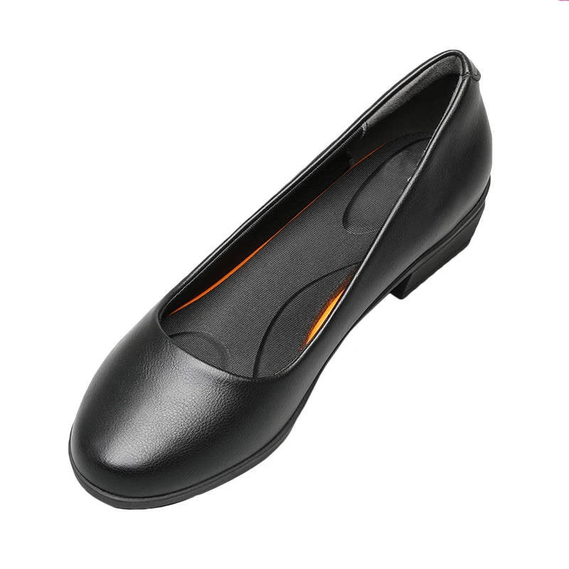 GKTINOO Black Leather Women\'s Work Shoes Pumps Thick Heels Round Head Shoes Soft Sole Professional Non-slip Hotel Work Shoes