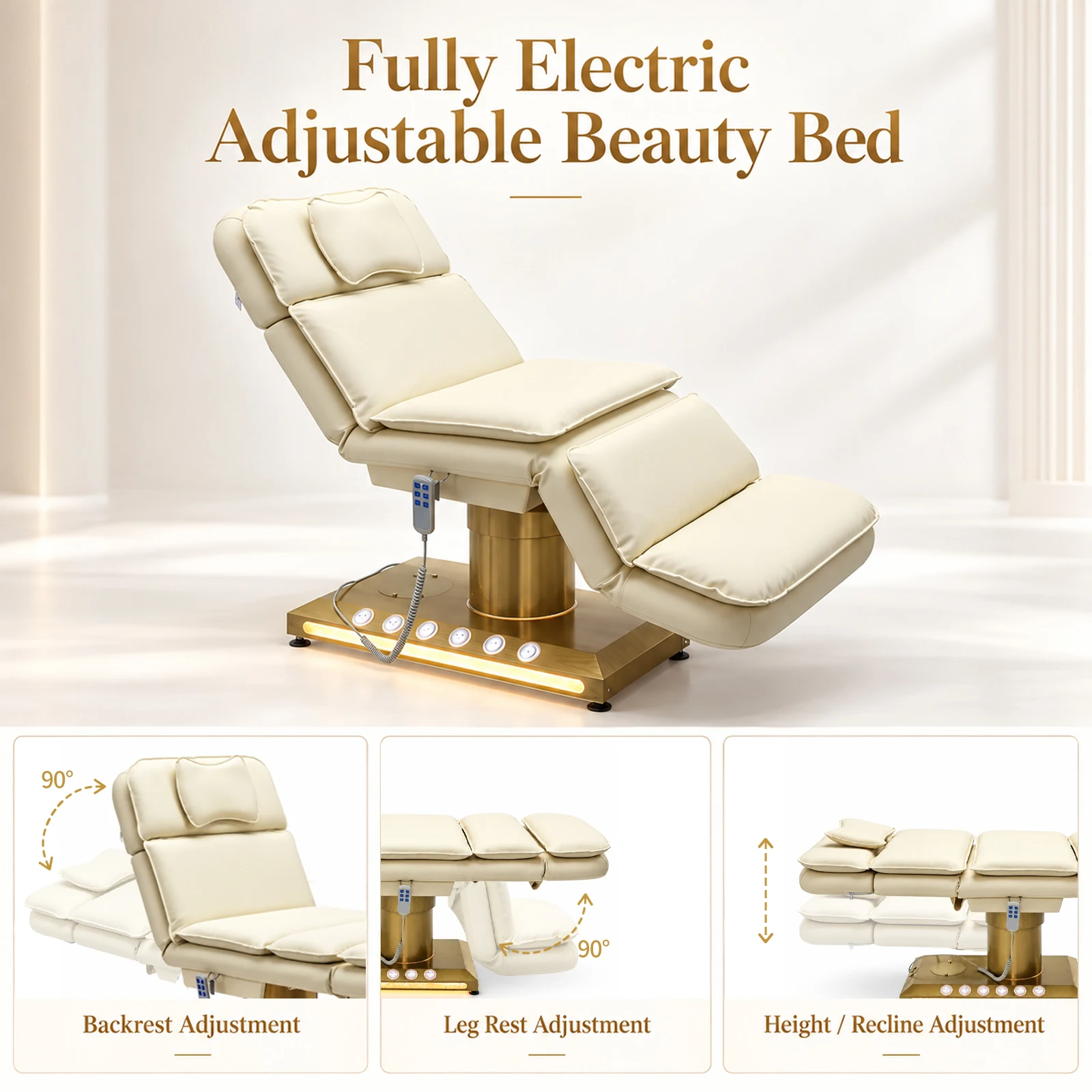 Electric Beauty Bed Massage Table with LED Light Facial Spa Chair with Golden Base,Thick Cushion Aesthetic Bed for Salon Lash