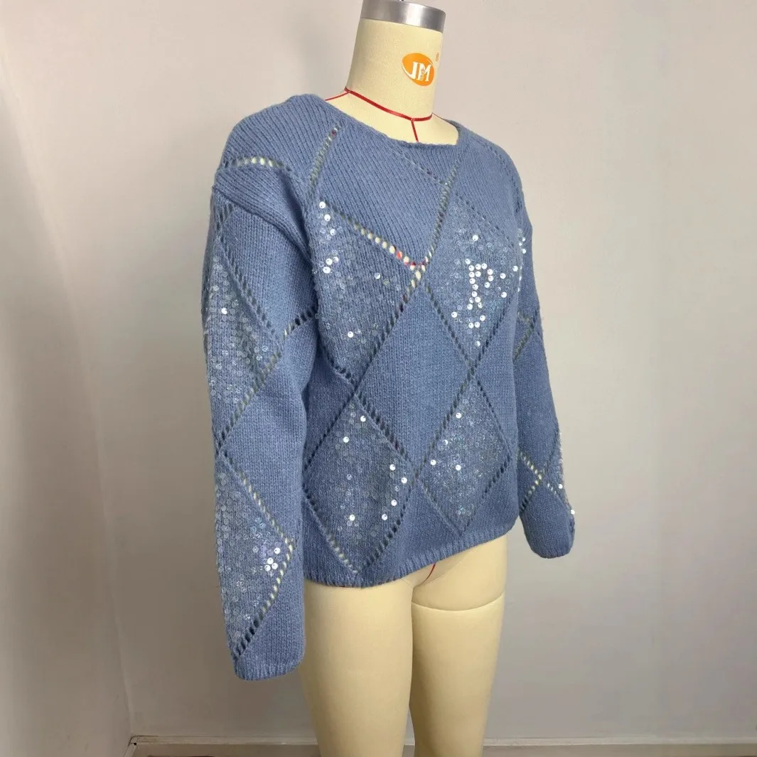 Women's Winter Clothing Round Neck Long Sleeve Knit Sweater with Sequins Embellished Elegant Hip Length Single Piece Woman