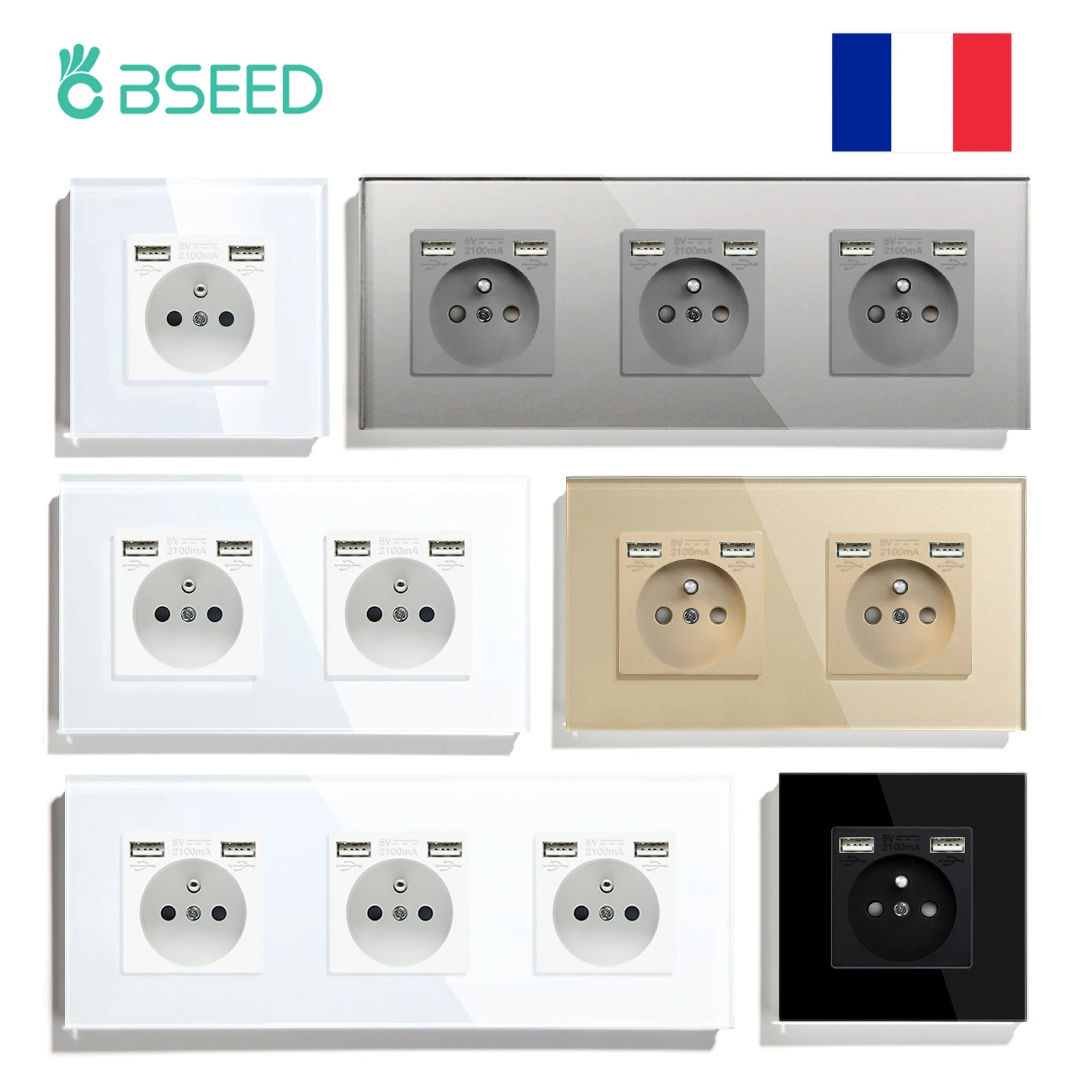 BSEED French Sockets Power Single Socket 16A USB Phone Charge Triple Wall Sockets France Glass Panel Wall Mounted Double Sockets