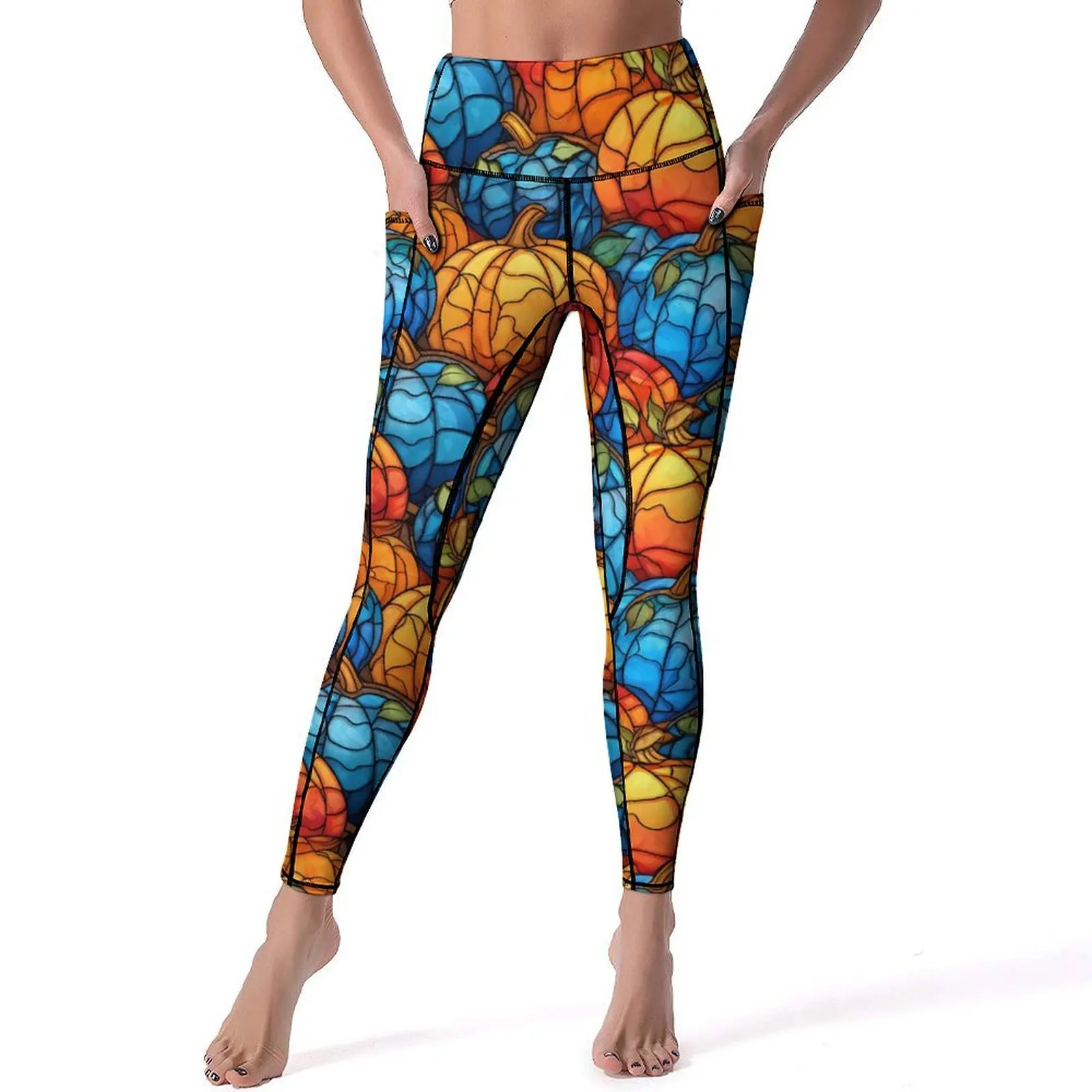 

Stained Glass Pumpkins Leggings Sexy Blue And Oranger Gym Yoga Pants Push Up Stretchy Sport Legging Pockets Sweet Custom Leggins